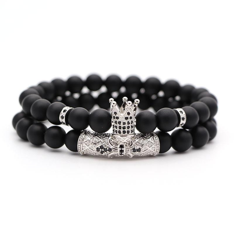 Bracelets Couronne Perles Noires Duo Homme en Pierre-Mon Bracelet Homme