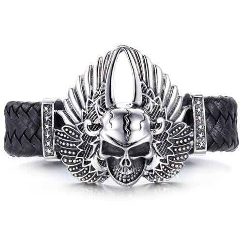 Bracelet Homme Cuir Tressé Tête De Mort Acier