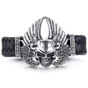 Bracelet Homme Cuir Tressé Tête De Mort Acier