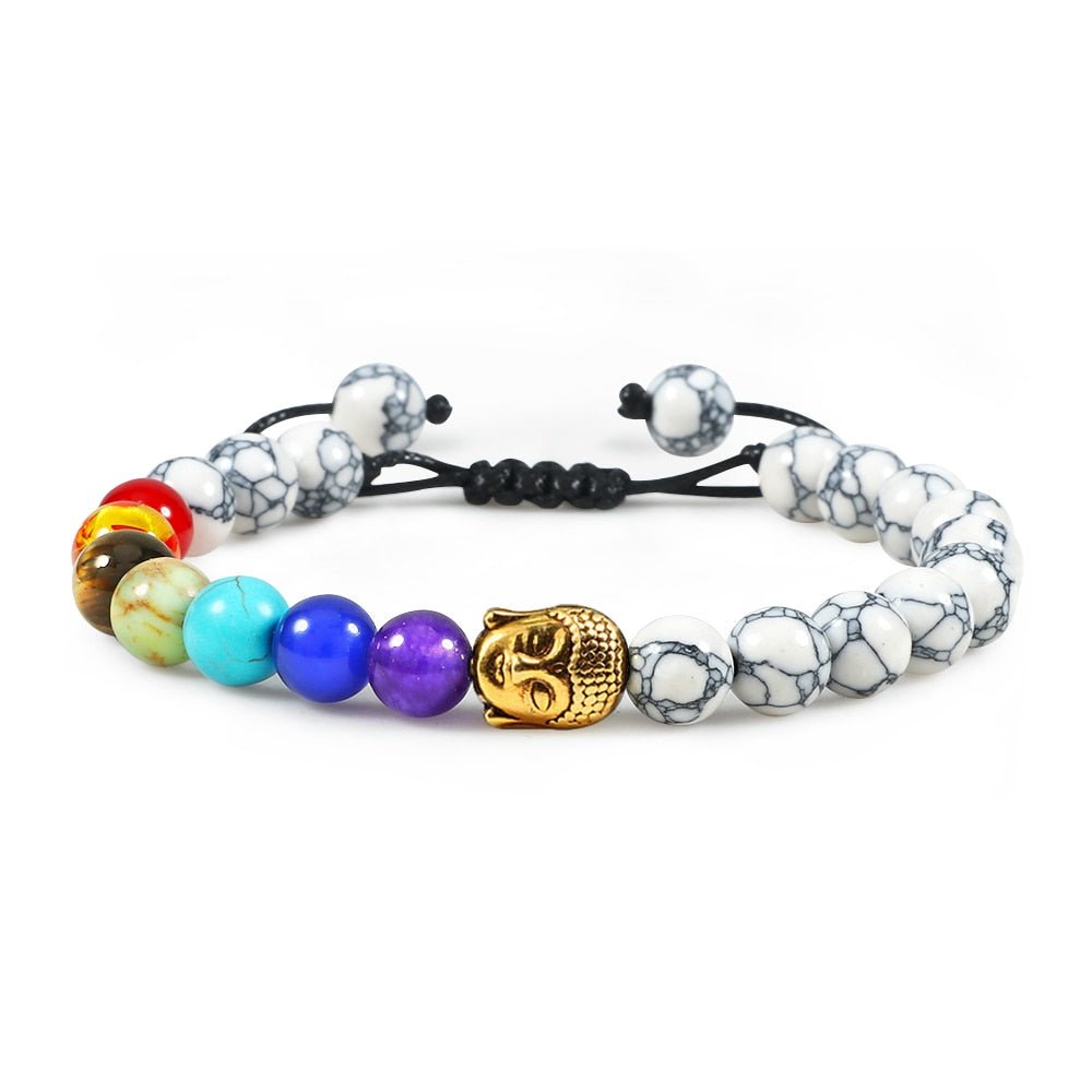 Bracelet 7 Chakras Pour Homme En Perles Blanches avec Tête de Bouddha Dorée - Mon Bracelet Homme
