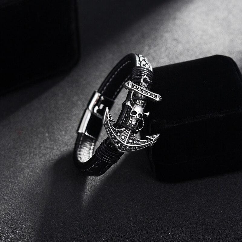 Bracelet Ancre Homme Crâne de Pirate en Cuir - Mon Bracelet Homme