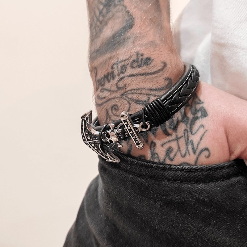 Bracelet Ancre Homme Crâne de Pirate en Cuir - Mon Bracelet Homme