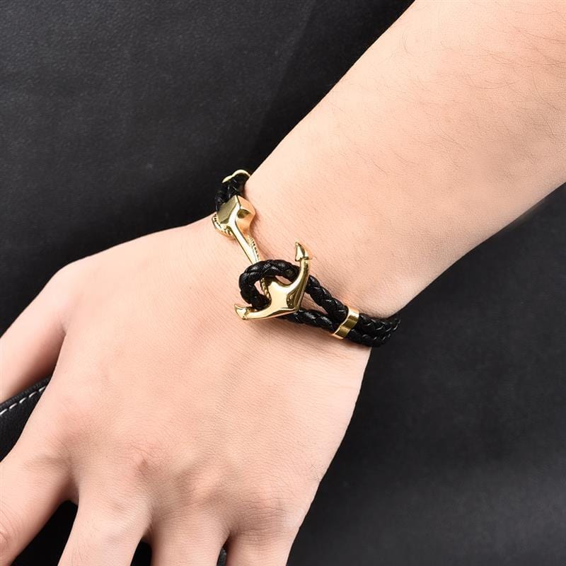 Bracelet Ancre Homme Noir et Dorée en Cuir - Mon Bracelet Homme