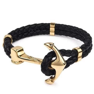 Bracelet Ancre Homme Noir et Dorée en Cuir - Mon Bracelet Homme