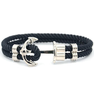 Bracelet Ancre Marine Argentée MBH en Nylon Noir pour Homme - Mon Bracelet Homme