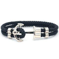 Bracelet Ancre Marine Argentée MBH en Nylon Noir pour Homme
