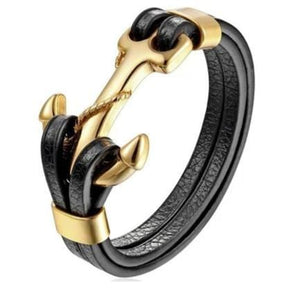 Bracelet Ancre Marine Dorée en Cuir - Mon Bracelet Homme