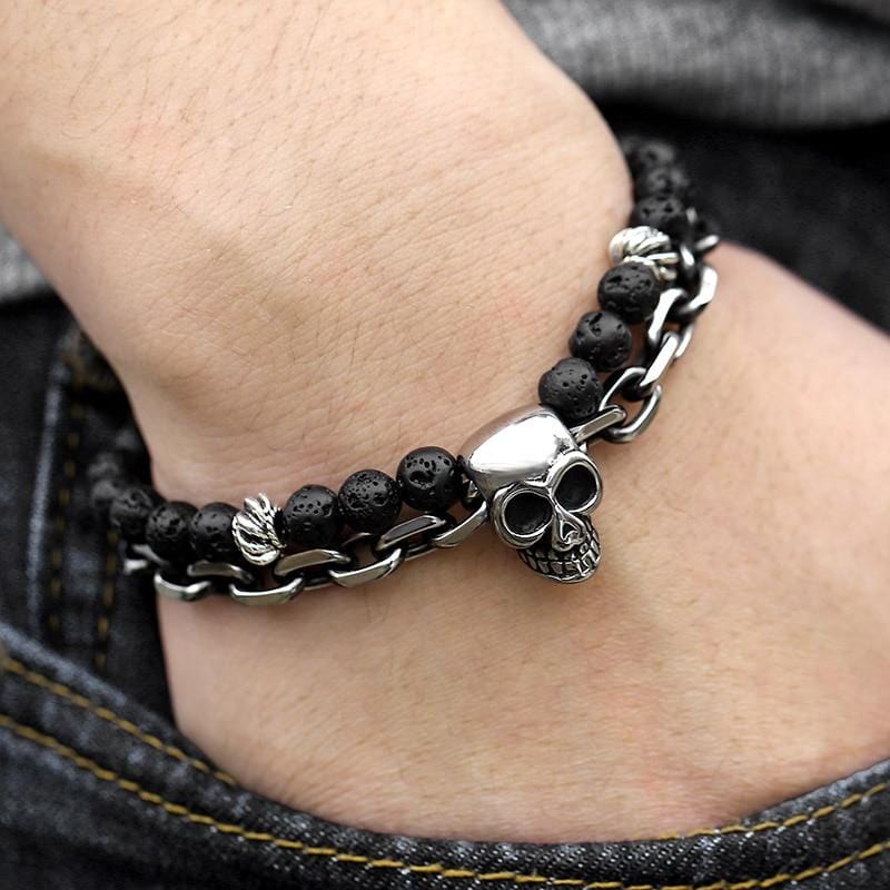 Bracelet Biker avec Tête de Mort en Pierre - Mon Bracelet Homme
