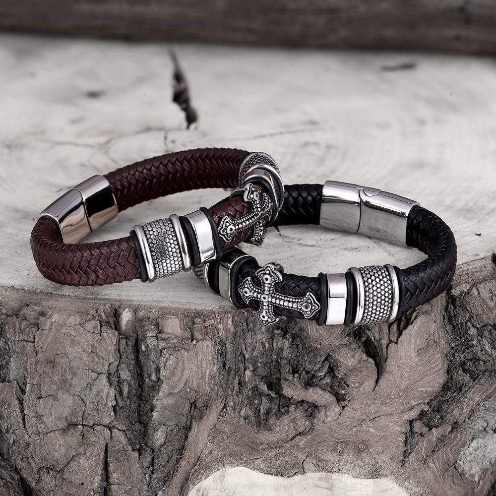 Bracelet Catholique Croix Homme en Cuir - Mon Bracelet Homme