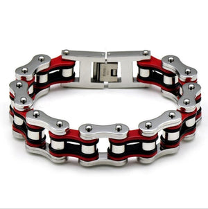 Bracelet Chaîne de Moto Argent et Rouge en Acier - Mon Bracelet Homme