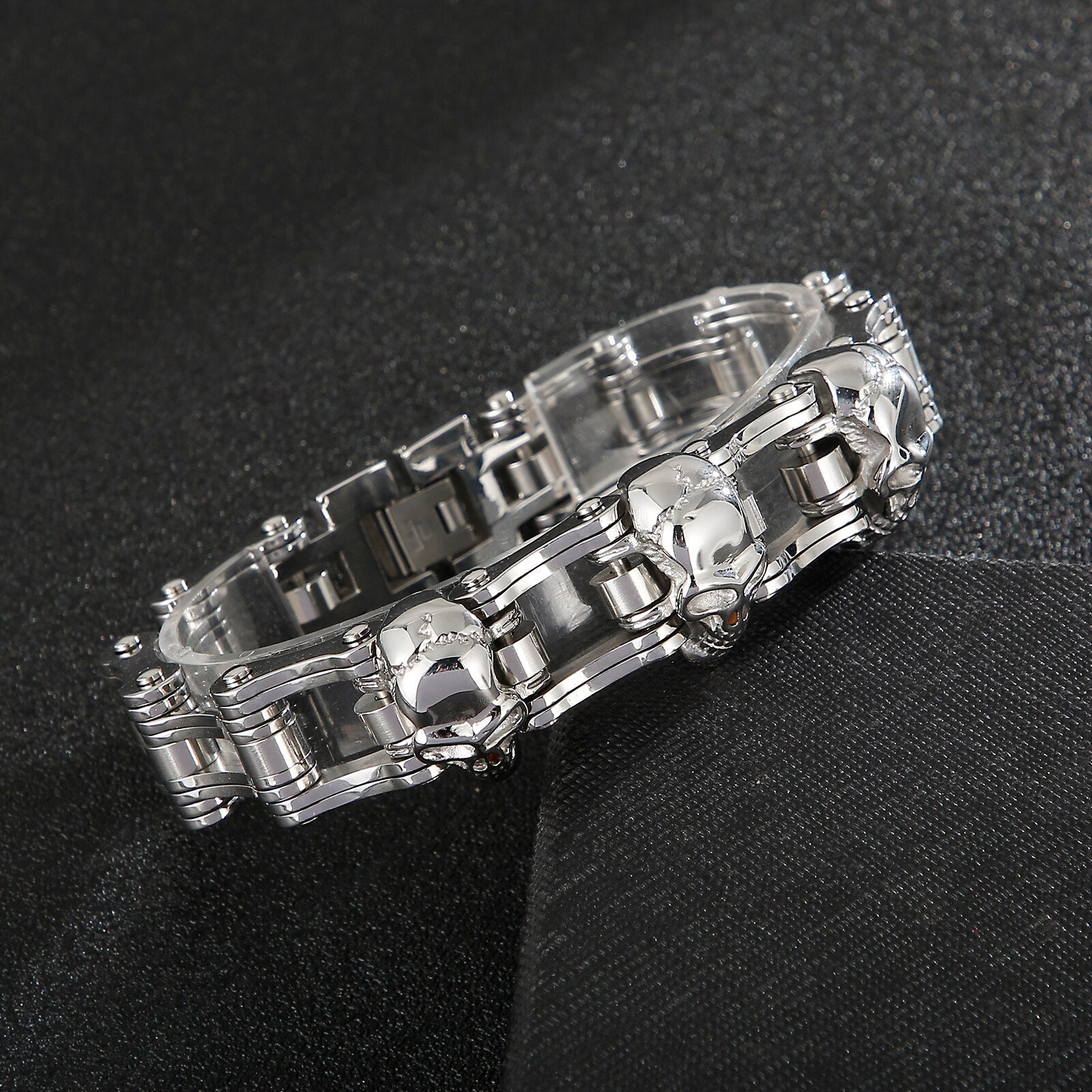 Bracelet Chaîne de Moto Argenté Avec des Têtes de Mort Randy - Mon Bracelet Homme
