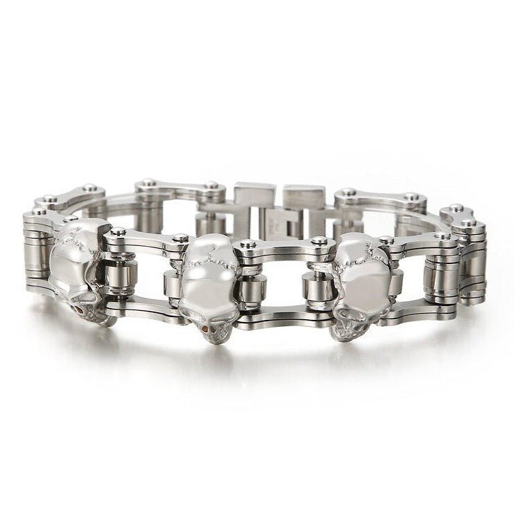 Bracelet Chaîne de Moto Argenté Avec des Têtes de Mort Randy - Mon Bracelet Homme