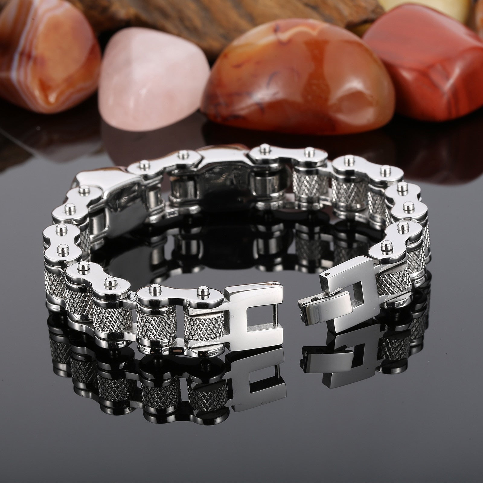 Bracelet Chaîne de Moto Argenté Avec Tête de Mort en Acier Inoxydable Karsyn - Mon Bracelet Homme