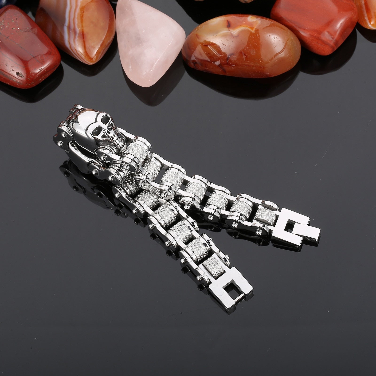 Bracelet Chaîne de Moto Argenté Avec Tête de Mort en Acier Inoxydable Karsyn - Mon Bracelet Homme