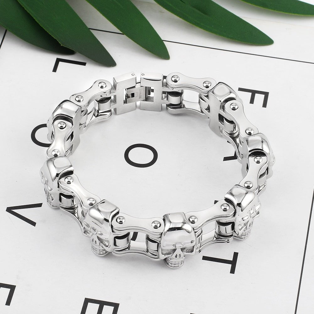 Bracelet Chaîne de Moto Argenté Avec Tête de Mort Major - Mon Bracelet Homme