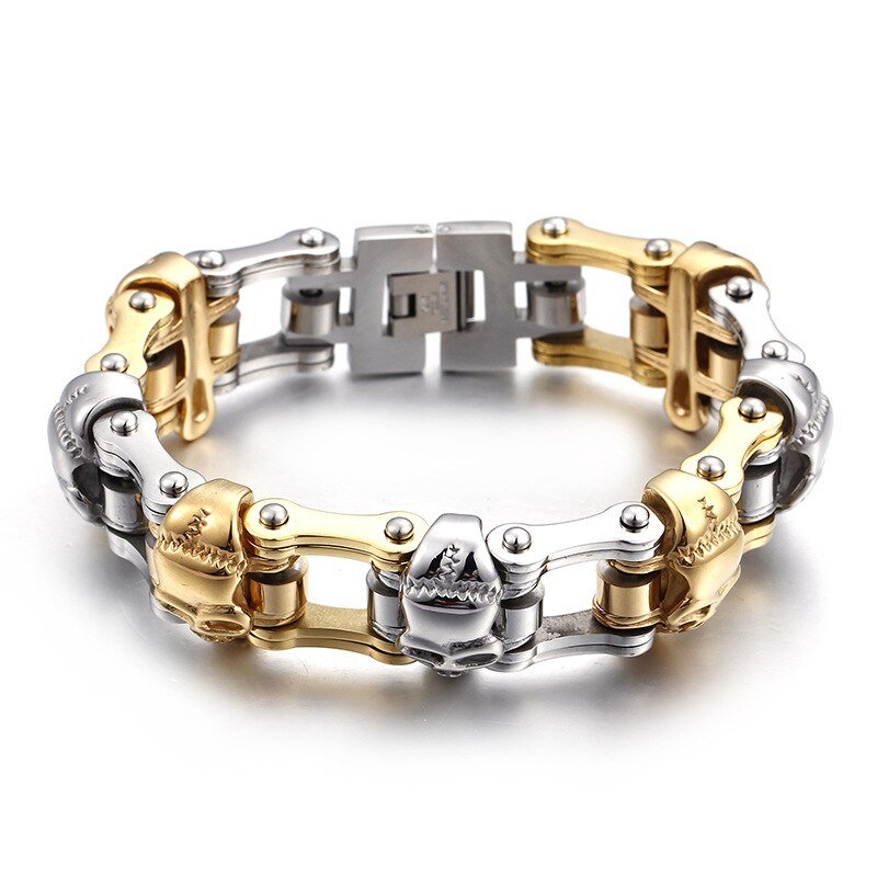 Bracelet Chaîne de Moto Argenté et Doré Avec des Têtes de Mort - Mon Bracelet Homme
