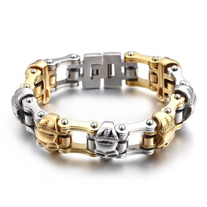 Bracelet Chaîne de Moto Argenté et Doré Avec des Têtes de Mort - Mon Bracelet Homme