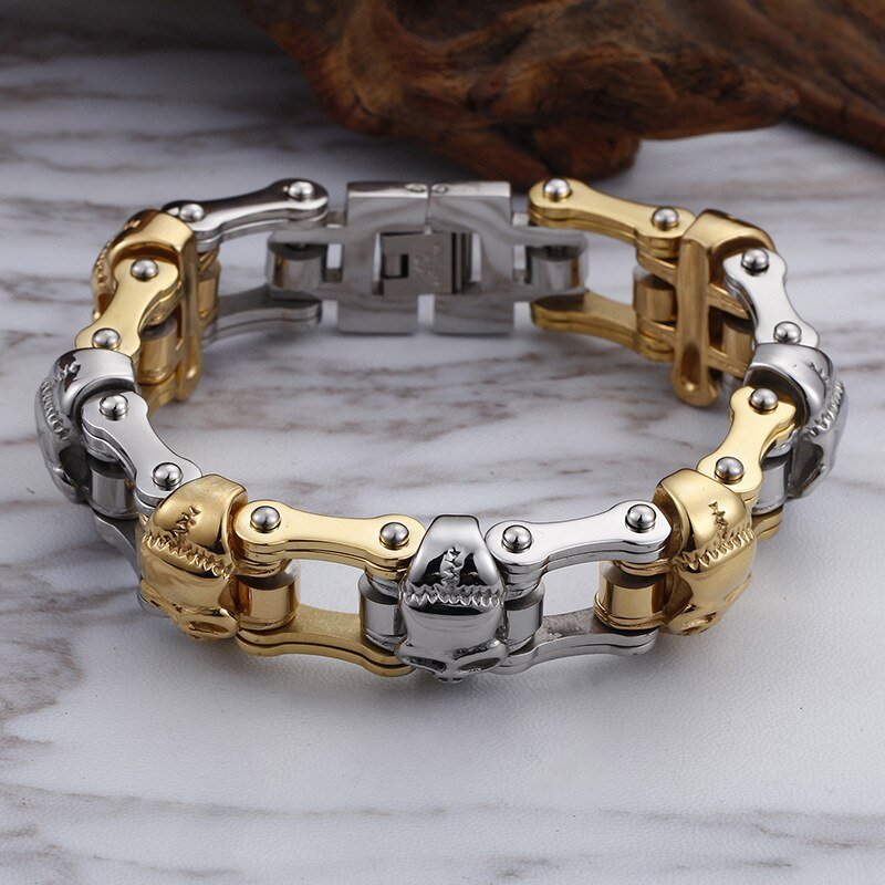 Bracelet Chaîne de Moto Argenté et Doré Avec des Têtes de Mort - Mon Bracelet Homme