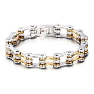 Bracelet Chaîne de Moto Argenté et Doré en Acier Inoxydable et en Zircon - Mon Bracelet Homme