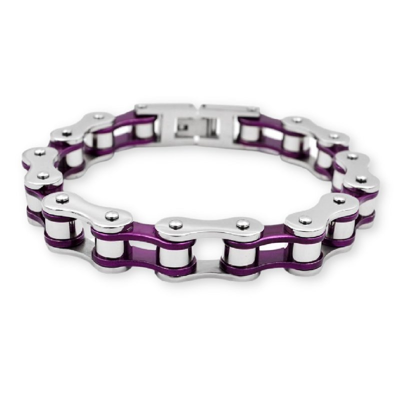 Bracelet Chaîne de Moto Argenté et Violet en Acier Inoxydable Antonio - Mon Bracelet Homme