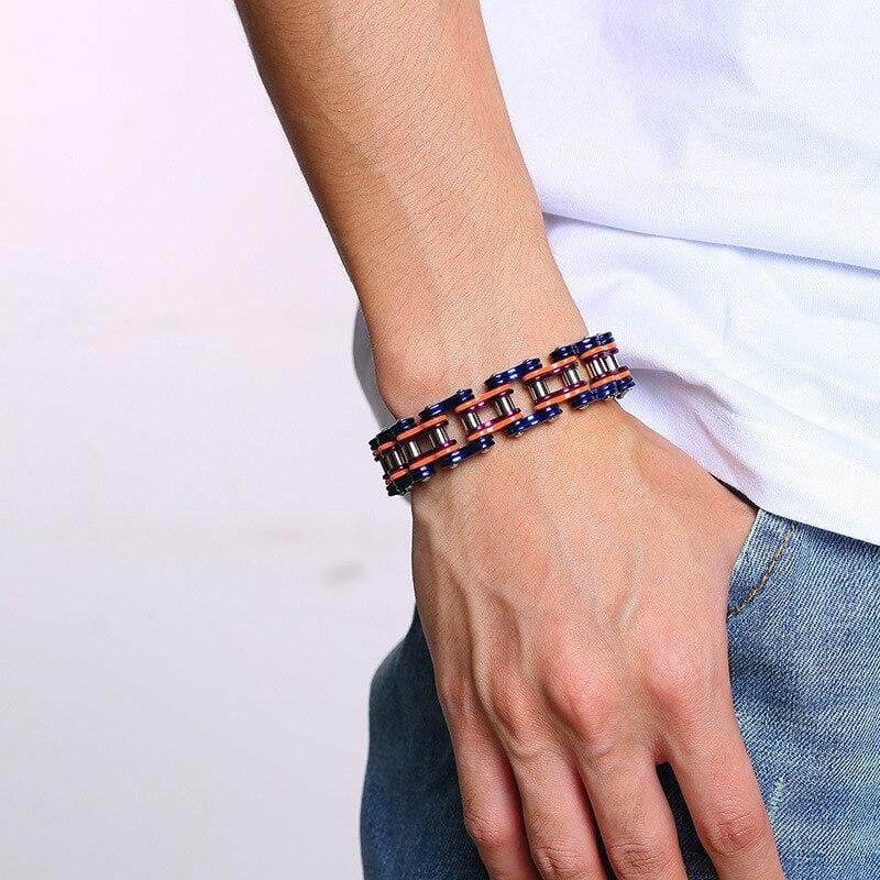 Bracelet Chaîne de Moto Bleu et Orange en Acier - Mon Bracelet Homme