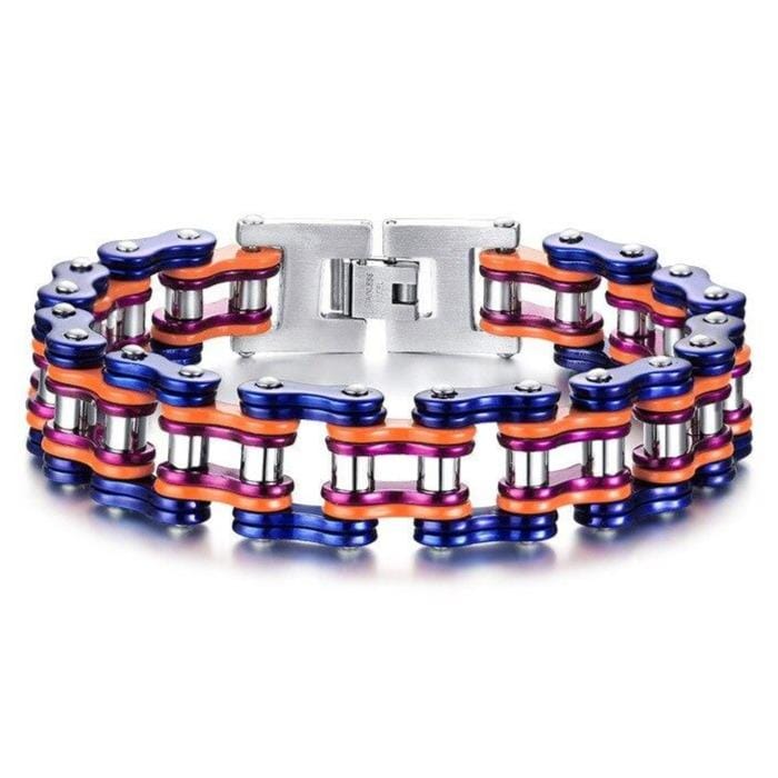 Bracelet Chaîne de Moto Bleu et Orange en Acier - Mon Bracelet Homme