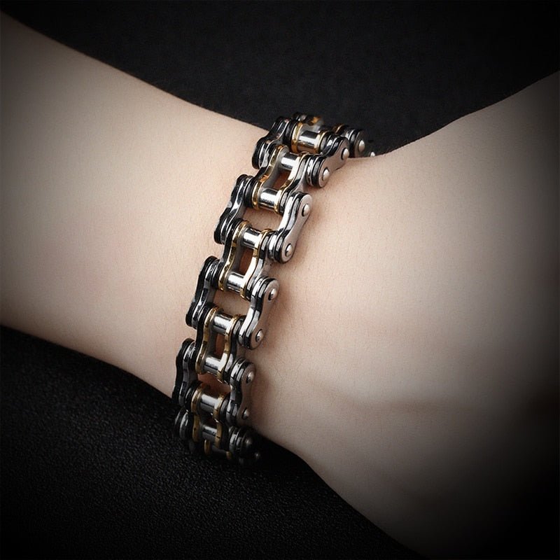 Bracelet Chaîne de Moto Classique en Acier Inoxydable Noir et Doré - Mon Bracelet Homme