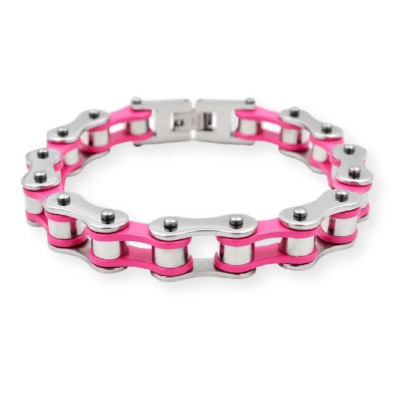 Bracelet Chaîne de Moto Coloré en Acier Inoxydable Argenté et Rose Maverick - Mon Bracelet Homme