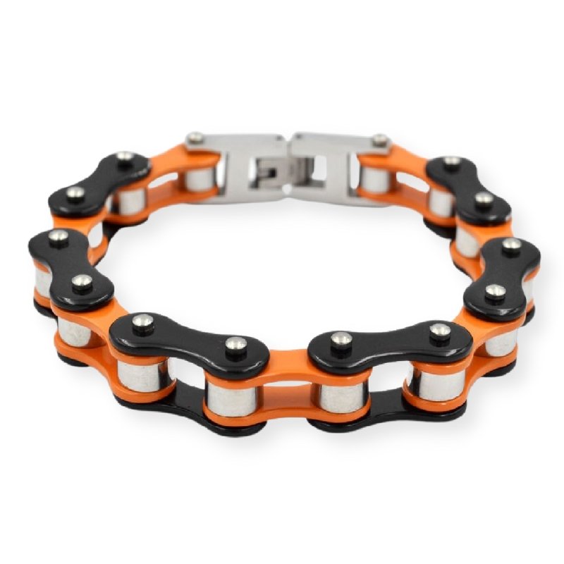 Bracelet Chaîne de Moto Coloré en Acier Inoxydable Noir et Orange Chaim - Mon Bracelet Homme