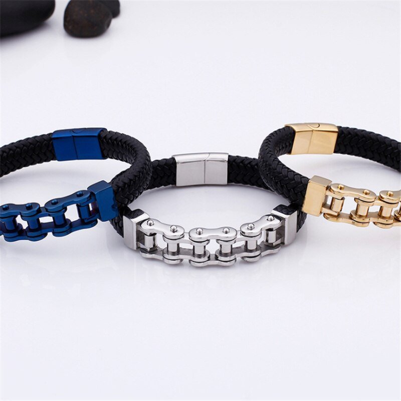 Bracelet Chaîne de Moto en Cuir Tressé Noir et en Acier Inoxydable Brantley - Mon Bracelet Homme