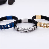 Bracelet Chaîne de Moto en Cuir Tressé Noir et en Acier Inoxydable Brantley - Mon Bracelet Homme