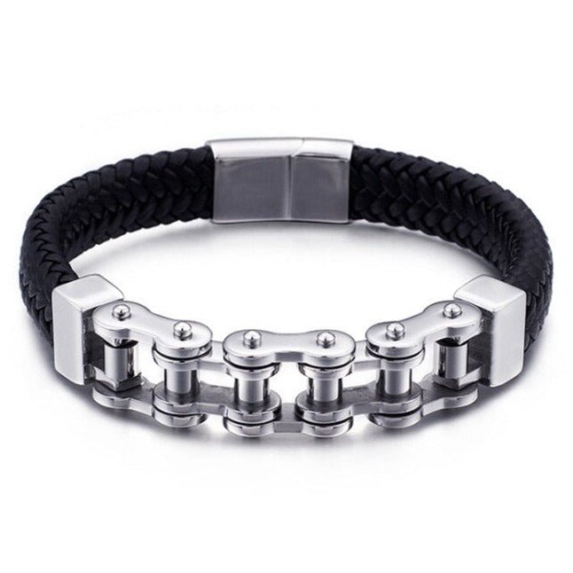 Bracelet Chaîne de Moto en Cuir Tressé Noir et en Acier Inoxydable Brantley - Mon Bracelet Homme