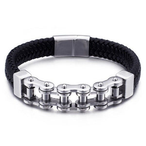 Bracelet Chaîne de Moto en Cuir Tressé Noir et en Acier Inoxydable Brantley - Mon Bracelet Homme