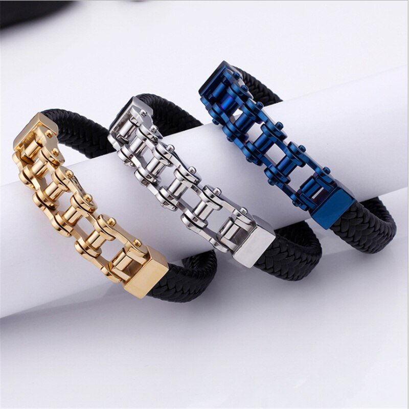 Bracelet Chaîne de Moto en Cuir Tressé Noir et en Acier Inoxydable Brantley - Mon Bracelet Homme