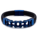 Bracelet Chaîne de Moto en Cuir Tressé Noir et en Acier Inoxydable Ephraim
