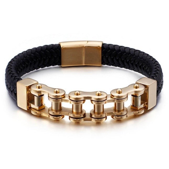 Bracelet Chaîne de Moto en Cuir Tressé Noir et en Acier Inoxydable Samson - Mon Bracelet Homme