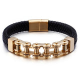 Bracelet Chaîne de Moto en Cuir Tressé Noir et en Acier Inoxydable Samson