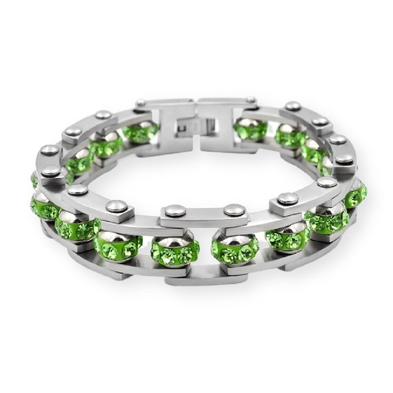 Bracelet Chaîne de Moto Gris Avec Strass Vert - Mon Bracelet Homme