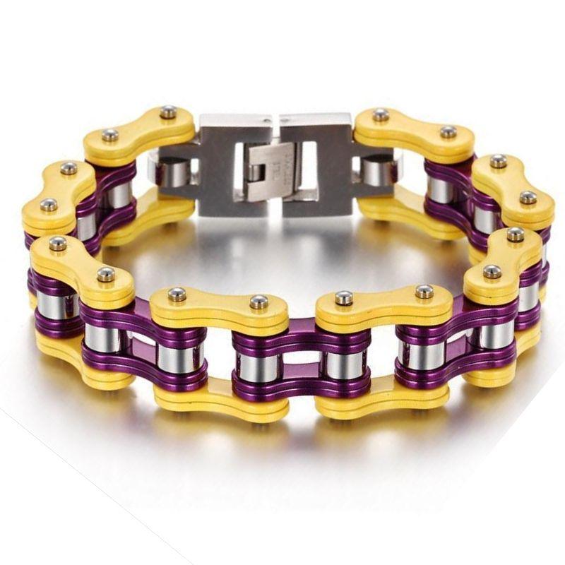 Bracelet Chaîne de Moto Jaune et Violet en Acier - Mon Bracelet Homme