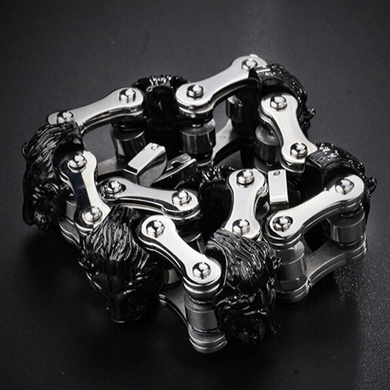 Bracelet Chaîne de Moto Lion Noir en Acier - Mon Bracelet Homme