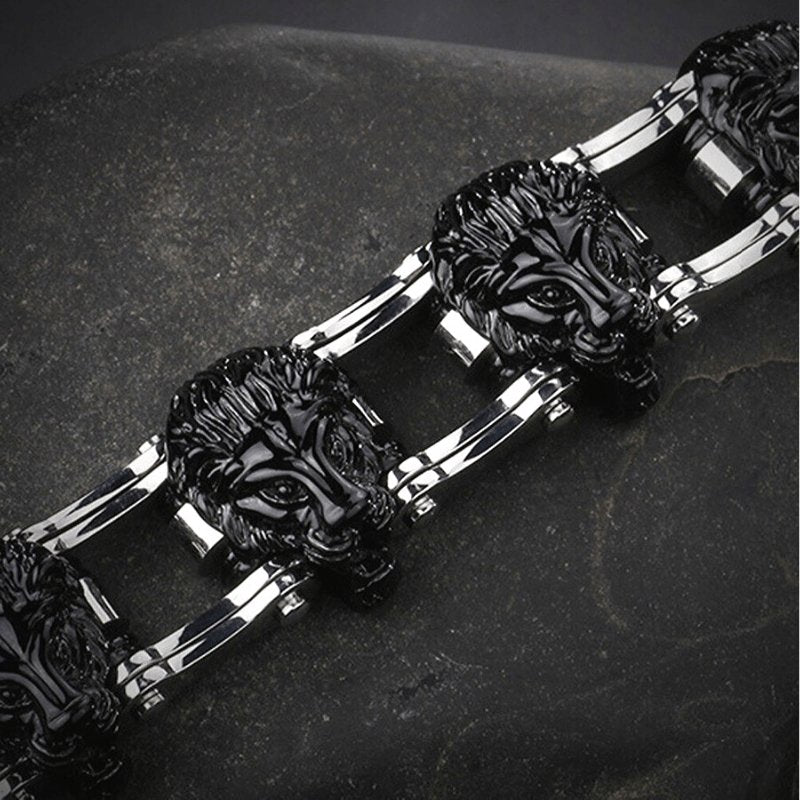 Bracelet Chaîne de Moto Lion Noir en Acier - Mon Bracelet Homme