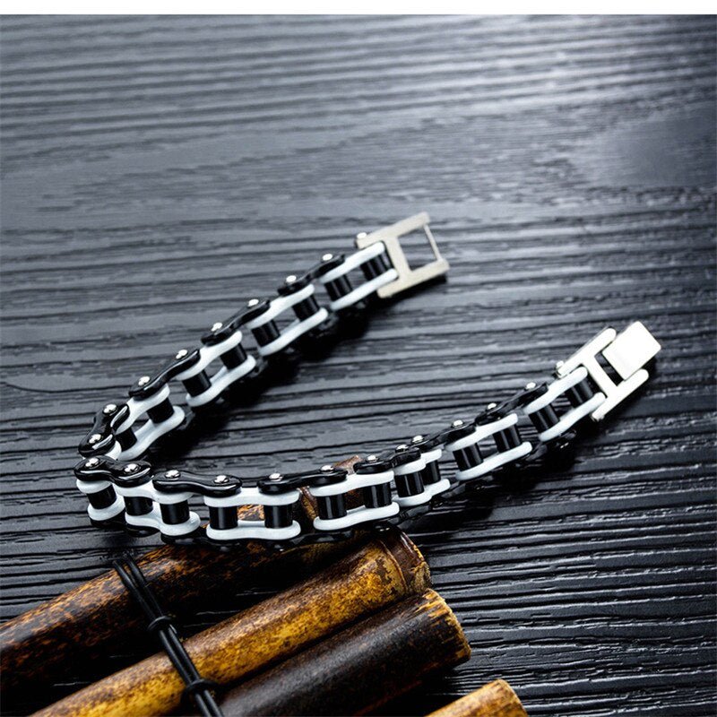 Bracelet Chaîne de Moto Noir et Blanc Avec Fermoir à Bascule Axel - Mon Bracelet Homme