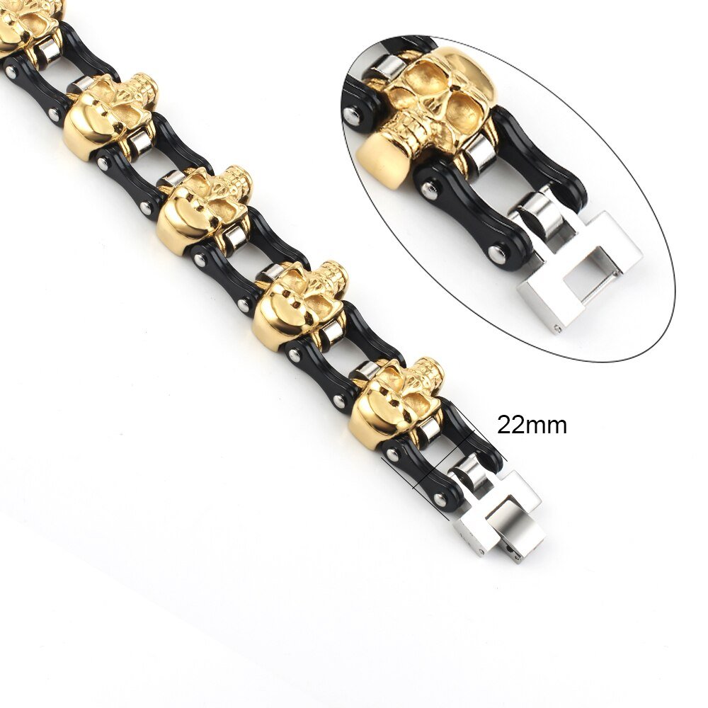 Bracelet Chaîne de Moto Noir et Doré Avec Tête de Mort Trey - Mon Bracelet Homme