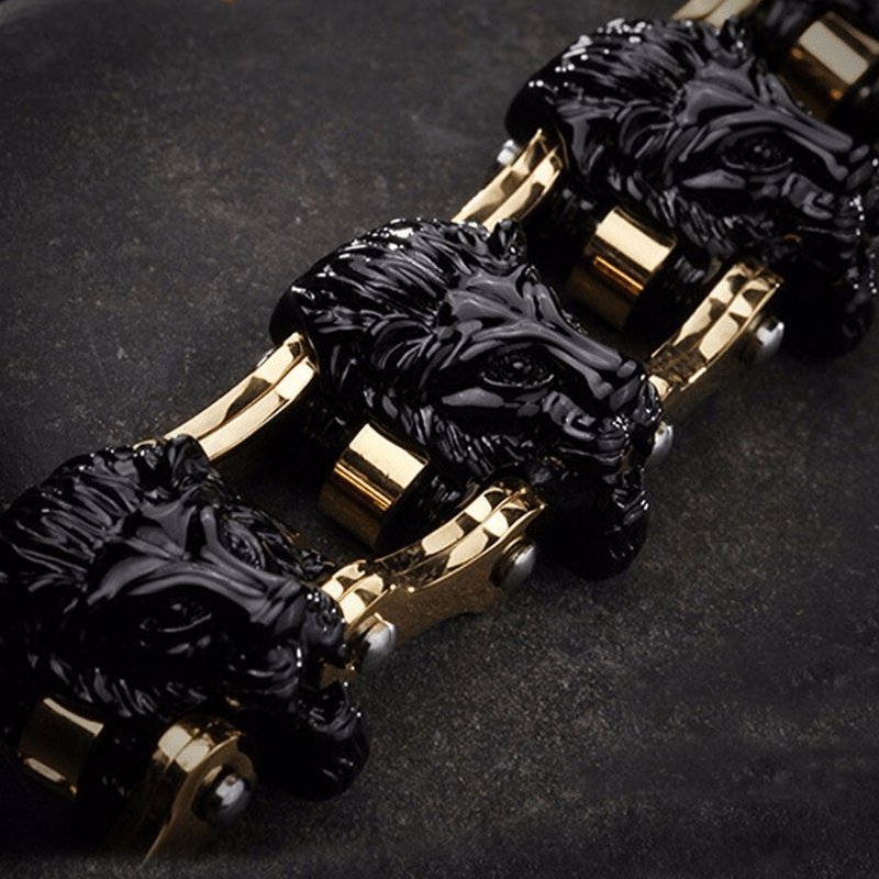 Bracelet Chaîne de Moto Noir et Or Lion en Acier - Mon Bracelet Homme