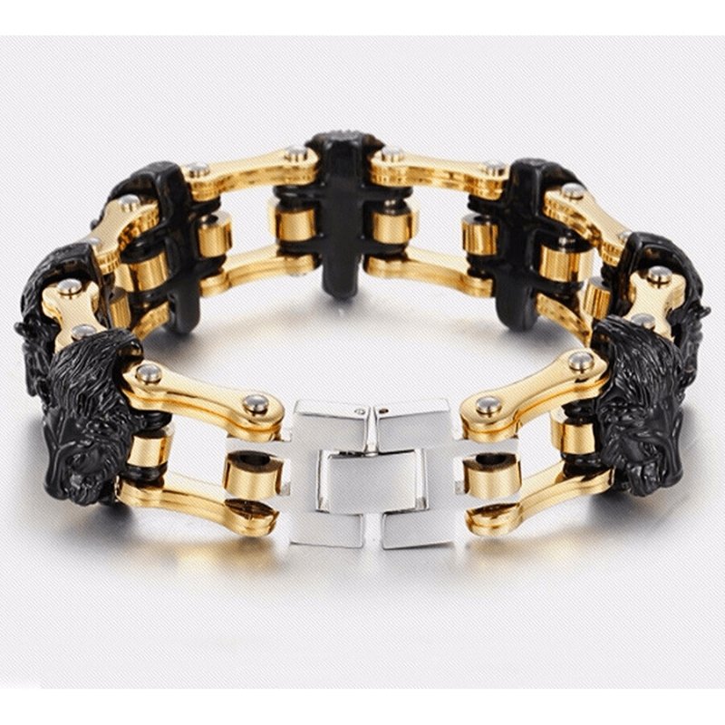 Bracelet Chaîne de Moto Noir et Or Lion en Acier - Mon Bracelet Homme