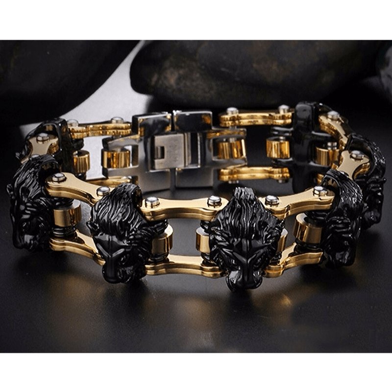 Bracelet Chaîne de Moto Noir et Or Lion en Acier - Mon Bracelet Homme