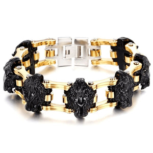 Bracelet Chaîne de Moto Noir et Or Lion en Acier - Mon Bracelet Homme