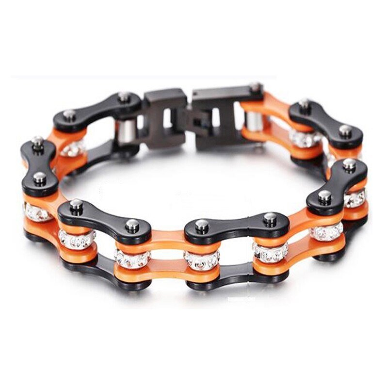 Bracelet Chaîne de Moto Noir et Orange en Acier Inoxydable et en Zircon Adan - Mon Bracelet Homme