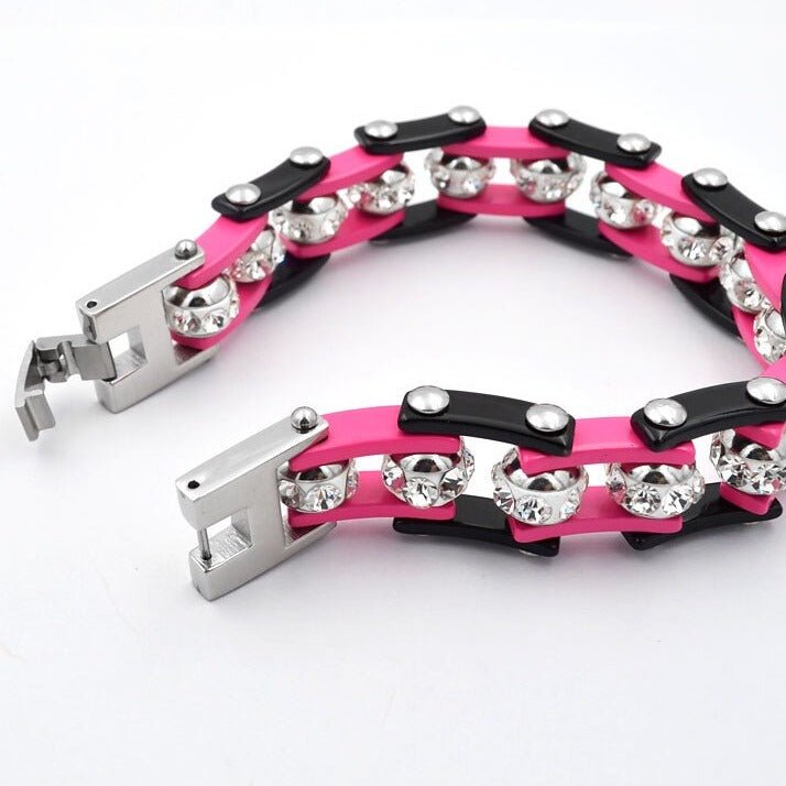 Bracelet Chaîne de Moto Noir et Rose Avec Strass - Mon Bracelet Homme