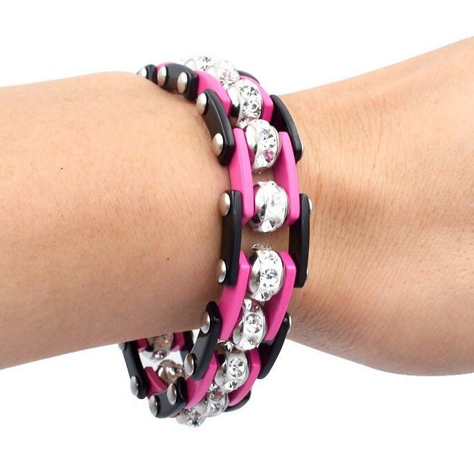Bracelet Chaîne de Moto Noir et Rose Avec Strass - Mon Bracelet Homme